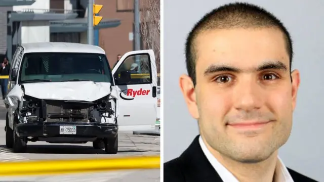 Van suspected of being involved in attack in Toronto and the attack suspect Alek Minassian, 24 April 2018, from his LinkedIn profile