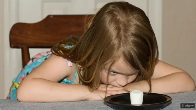 طفلة أمامها طبق به قطعة من الحلوى