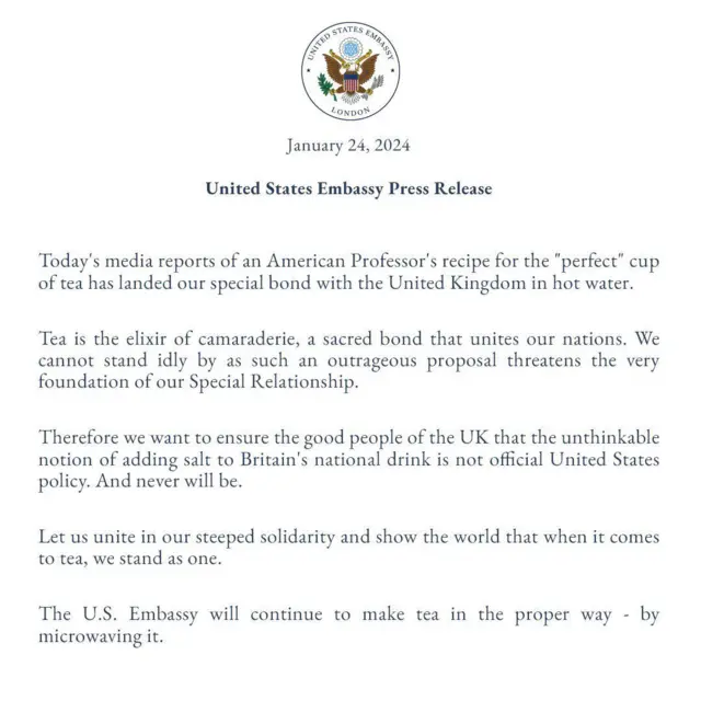 แถลงการณ์จากสถานทูตสหรัฐฯ ประจำกรุงลอนดอน