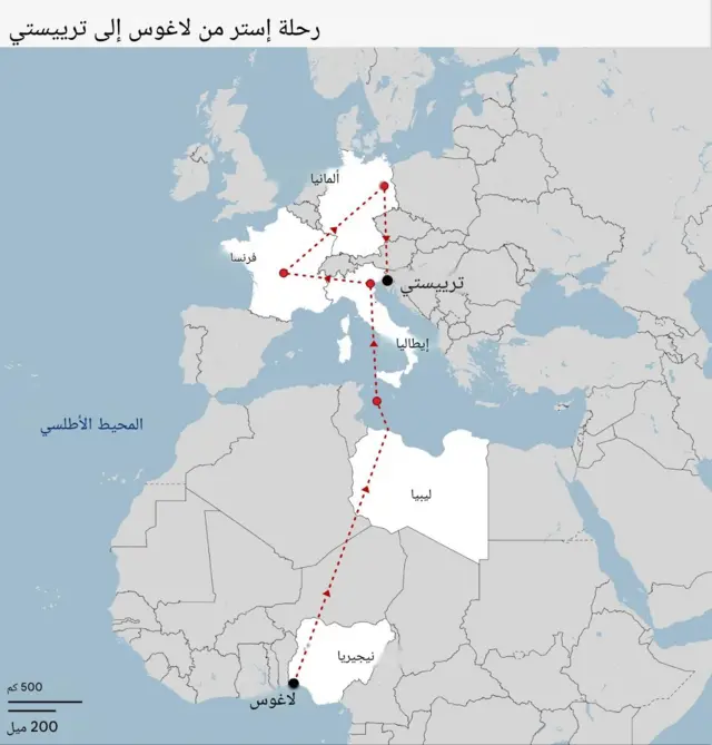 خريطة رحلة إستير من نيجيريا إلى ليبيا، ثم إيطاليا، وفرنسا، وألمانيا، ثم العودة إلى إيطاليا