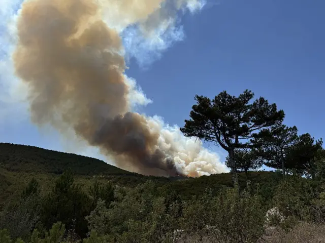 Bir arazinin üzerinde yangın görünüyor