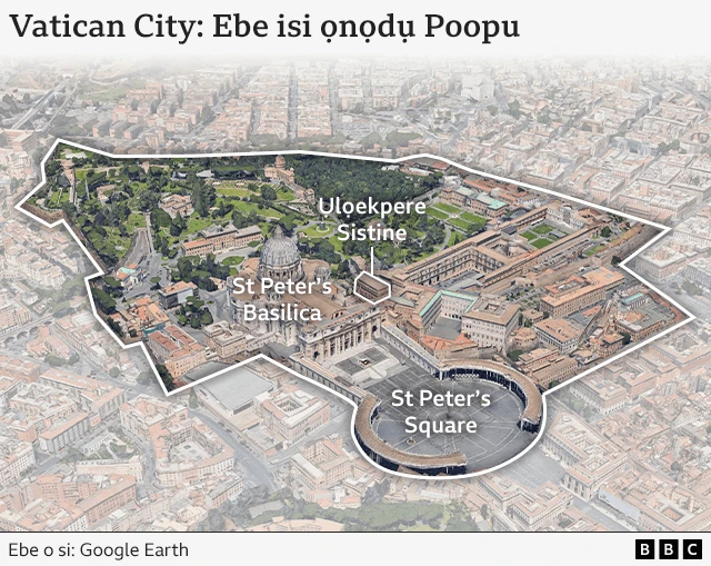 Foto Satalit na-egosi papal seat dị na Vatican, n'ime Rome. ọ gunyere St Peter's Basilica, St Peter's Square nakwa Sistine Chapụụ, nakwa ụlọ obibi na ụlọ ndị ọrụ.
