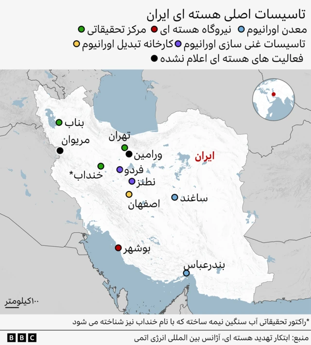 نقشه ایران که تاسیسات اصلی هسته‌ای روی آن مشخص شده است