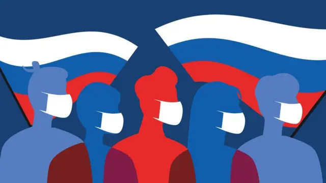 Une illustration de Russes portant des masques faciaux pour se protéger du Covid avec des drapeaux de la Russie derrière