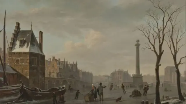 Pintura de gente patinando en calles cubiertas de hielo en Europa en el siglo XVII