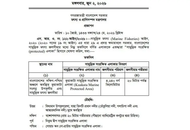 কুয়াকাটা সামুদ্রিক এলাকার গেজেট
