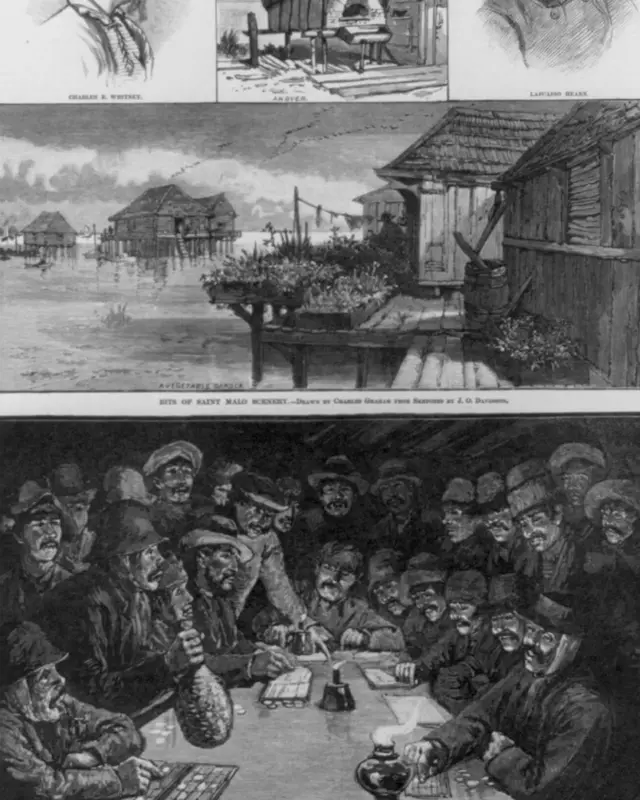 Rendering dari cerita Harper's Weekly tahun 1883 melukiskan gambaran yang jelas tentang pemukiman awal Filipina ini