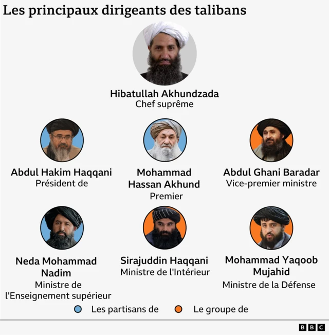 Le graphique montre les principaux dirigeants des talibans, à commencer par le chef suprême Hibatullah Akhundzada. Sous ses ordres se trouvent les fidèles de Kandahar : le président de la Cour suprême Abdul Hakim Haqqani, le Premier ministre Mohammad Hassan Akhund et le ministre de l'Enseignement supérieur Neda Mohammad Nadim. Également sous les ordres du chef suprême se trouve le groupe de Kaboul : le vice-Premier ministre Abdul Ghani Baradar, le ministre de l'Intérieur Sirajuddin Haqqani et le ministre de la Défense Mohammad Yaqoob Mujahid.