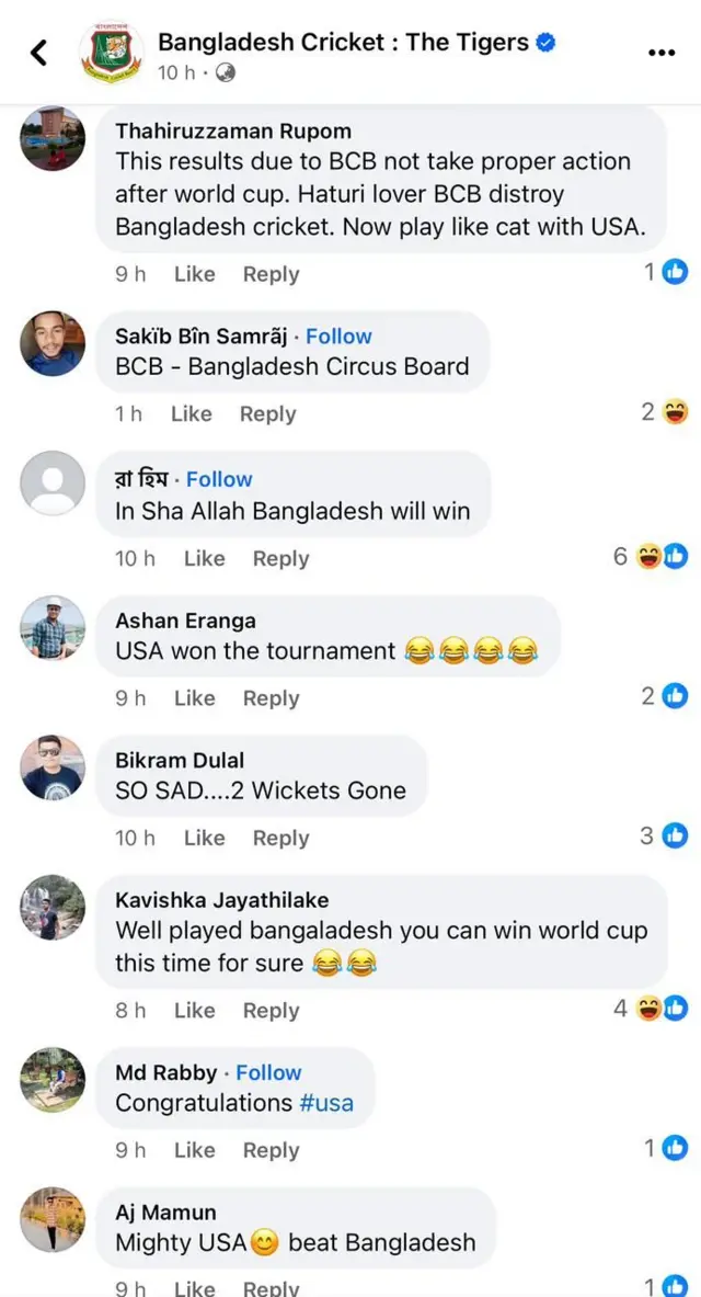 ඇමෙරිකාවට එරෙහිව ලද විස්සයි 20 තරගාවලියේ පරාජයත් සමග බංගලාදේශ ක්‍රිකට් ලෝලීන් එරට ක්‍රිකට් පාලක මණ්ඩලයේ ෆේස්බුක් ගිණුමේ පළකර තිබු සටහන් වලට ප්‍රතිචාර දක්වමින් සිය අප්‍රසාදය සහ කණගාටුව පළකර තිබුණේ මේ ආකාරයෙනි.