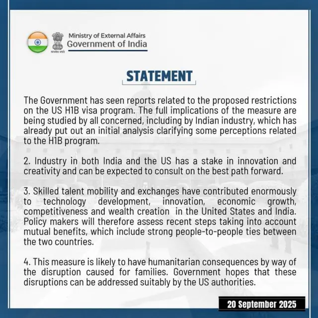 अमेरिकेच्या एच1-बी व्हिसाशी संबंधित नव्या निर्णयावर भारत सरकारने प्रतिक्रिया दिली आहे.