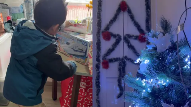 受災戶陳先生送了一架日本玩具車給大兒子(左);另有受災居民嘗試在安置單位內,親手佈置聖誕裝飾(右)