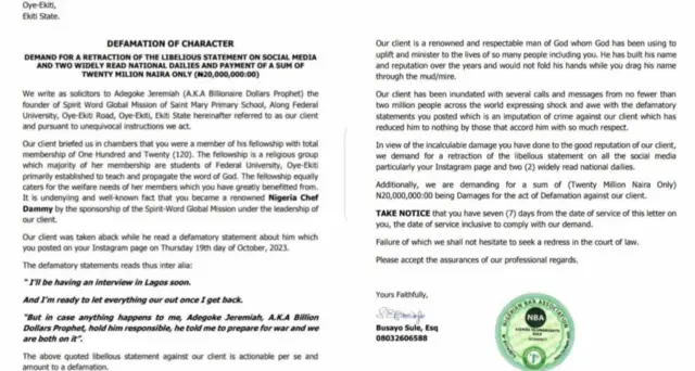 Aworan lẹta ti wọn ti ransẹ si Chef Dammy