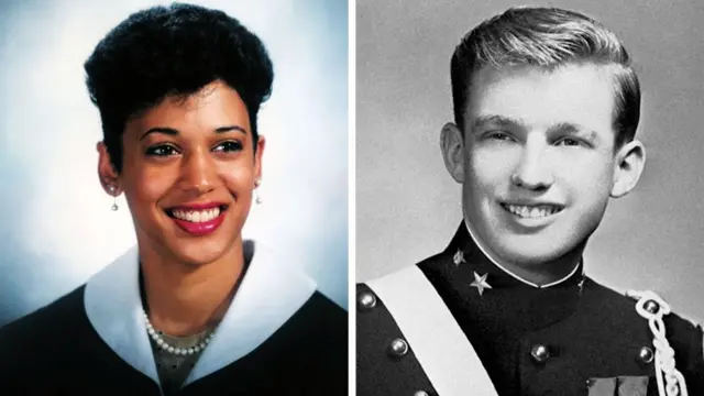 Composite image shows Kamala Harris aged 22 at Howard University in Washington DC, and Donald Trump aged 18 at the New York Military Academy