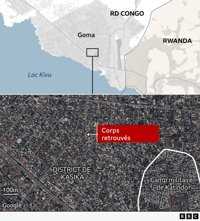 Carte du district de Kasika montrant le camp militaire de Katindo à Goma, en République démocratique du Congo, et le site où les corps ont été retrouvés après les tueries du 22 février 2025.