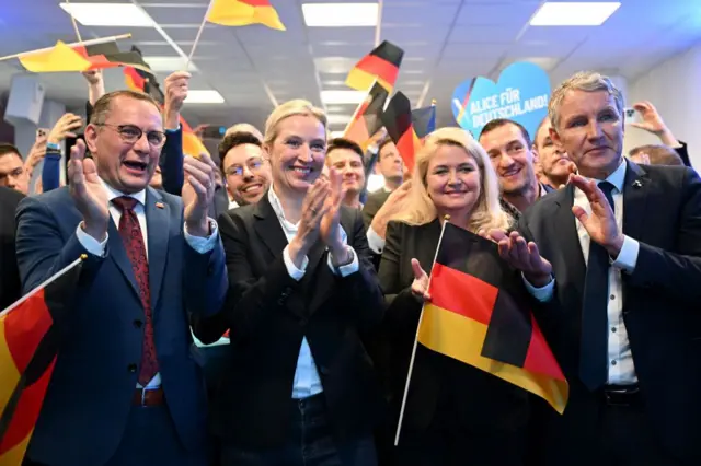 Alice Weidel y otros dirigentes de AfD con banderas alemanas. 