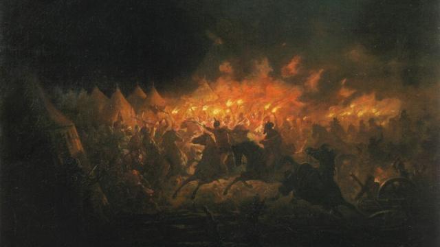 'O Ataque Noturno em Târgoviște', uma batalha travada entre as forças de Vlad, o Empalador e o Sultão Mehmed 2º em 1462, pintada por Theodor Aman