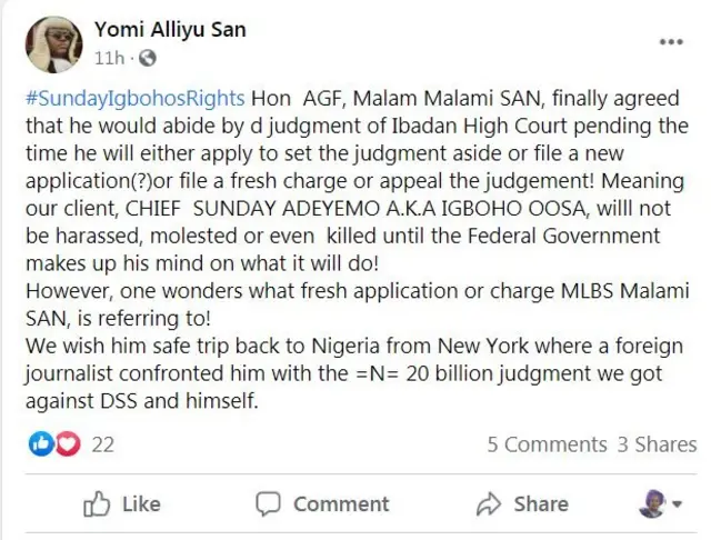 Esi ti agbẹjọro Sunday Igboho sọ pada fun Malami