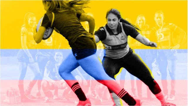 Gráfico que muestra a Isabel Romero jugando al rugby, con los colores de la bandera de Colombia.