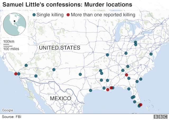 FBI 公布的利特尔作案受害人的分布地图。