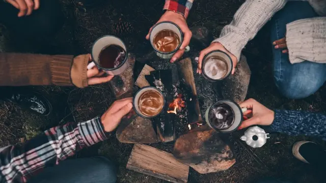 Zenithal view of young people toasting each other while warming up near a campfire in the woods