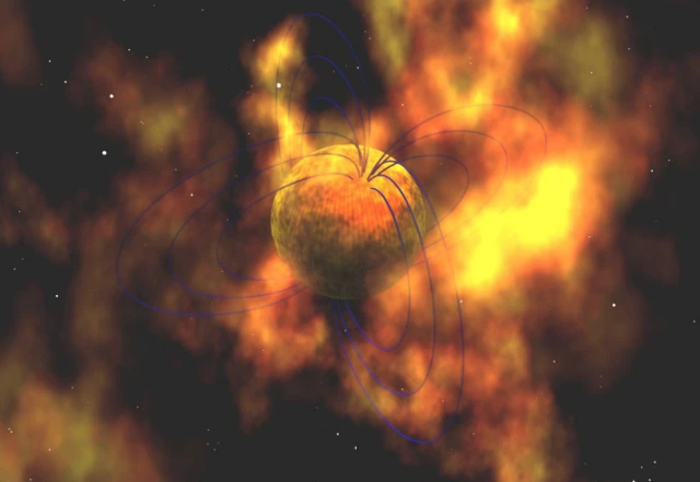 ภาพจำลองแมกนีทาร์ SGR 1806-20 ซึ่งเกิดการปะทุรังสีแกมมารุนแรง จนสามารถส่งพลังงานมารบกวนชั้นบรรยากาศโลกที่อยู่ห่างออกไป 5 หมื่นปีแสงได้