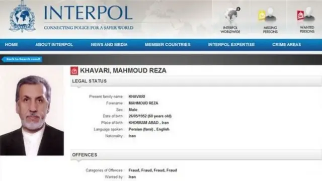 حدود پنج سال پیش نام آقای خاوری از فهرست اعلان قرمز وبسایت اینترپل حذف شد