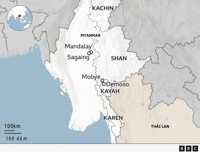 Bản đồ Myanmar, thể hiện các bang và khu vực đang diễn ra các cuộc giao tranh