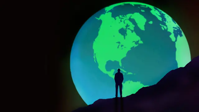 Persona mirando el planeta Tierra desde afuera