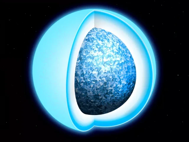 ภาพจำลองแก่นชั้นในของดาวแคระขาวที่คาร์บอนและออกซิเจนเกิดการตกผลึก (crystallization) 