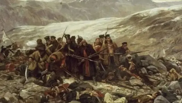 একটি পেইন্টিংয়ে পাহাড়ের ওপর অস্ত্র হাতে কিছু লোককে দেখা যাচ্ছে, মাটিতে পড়ে আছে কিছু সৈন্য