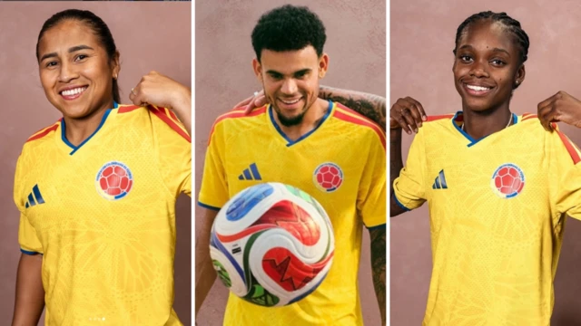 Leicy Santos (left), Luis Diaz (middle), and Linda Caicedo (right) wear 2026 Colombia home shirt.