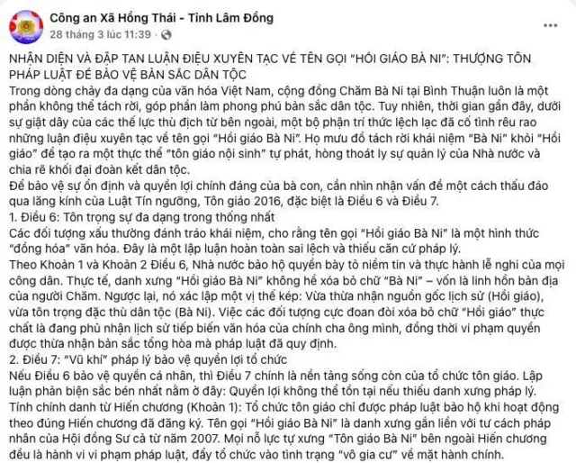 Bài viết trên trang Facebook "Công an Xã Hồng Thái - Tỉnh Lâm Đồng"