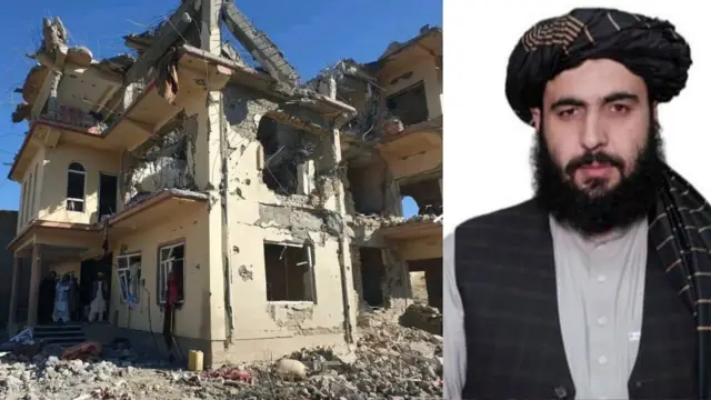 د عکس ښي لور ته د فطرت عکس دی چې په کیلي دارې برګې لونګۍ کې ناست دی او چپ لور ته د پاکستان برید کې ویجاړ شوی درې پوړیز کور برېښي چې چتونه او کړکۍ، دروازې او دیوالونه یې نیمه نړېدلي.