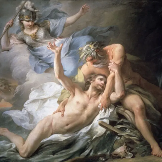 La pintura se titula "Ulises aterriza en la isla de Calypso" del pintor francés Pierre Charles Trémolières en 1737. La escena muestra a un Ulises náufrago siendo rescatado por la ninfa Calipso en su isla, Ogigia