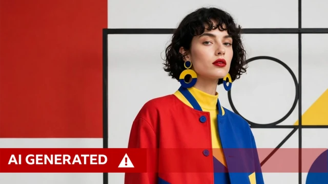 A Muse Image segítségével létrehozott, MI által módosított képen egy fekete göndör hajú nő látható piros, kék és sárga ruhában, Bauhaus stílusú háttér előtt. Nagy, kör alakú, kék és sárga fülbevalókat visel.