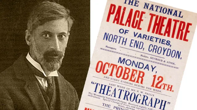 Robert W. Paul y cartel anunciando presentación de película con theatrograph.