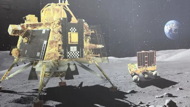 印度航天局拍摄的月球表面维克拉姆着陆器和普拉吉亚漫游车的立体模型