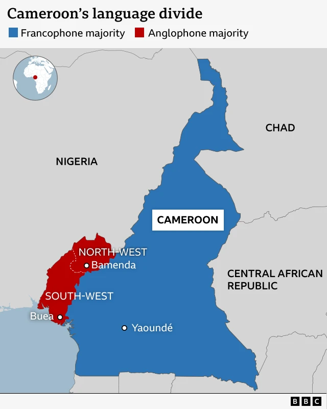 Map of Cameroon wey show di English and French-speaking areas.