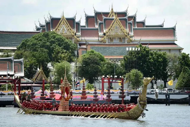 the rehearsal of the water procession for the coronation of Thailand"s King Maha Vajiralongkorn