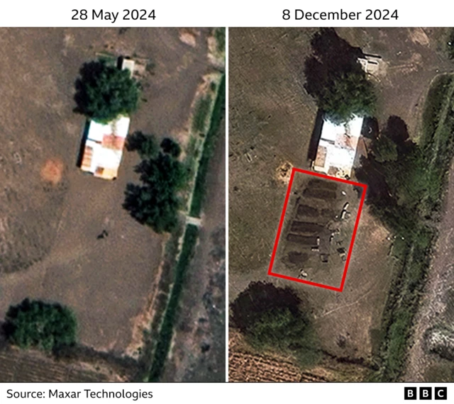 Grands monticules de terre fraîchement creusés visibles dans le cimetière local