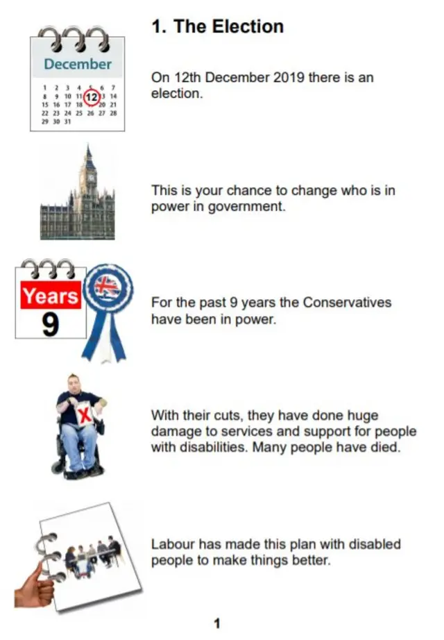 영국 노동당의 '읽기 쉬운 정책 요약집' (Easy Read Summary). 그림과 함께 쉽게 설명이 돼 있다