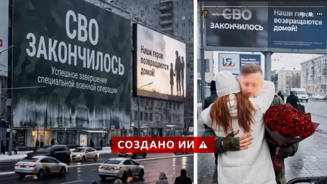Коллаж. На левой стороне изображены здания с огромными билбордами, на которых написано: «СВО закончилось. Успешное завершение специальной военной операции. Наши герои возвращаются». На изображении справа женщина в белой шубе обнимает мужчину в военной форме, он держит в руках большой букет красных роз. 