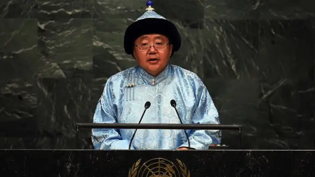 Former Mongolian president Tsakhia Elbegdorj addresses the 70th Session of the UN General Assembly September 29, 2015 in New York.