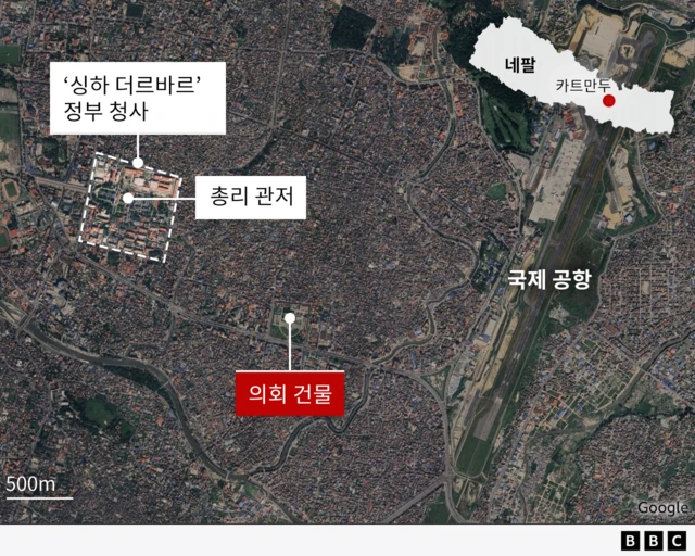 정부 청사와 총리 관저, 의회 건물의 위치를 표시한 지도