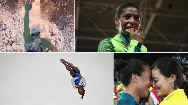 Em sentido horário, Katie Ledecky, Rafaela Silva, Cerullo e Enya e Simone Biles