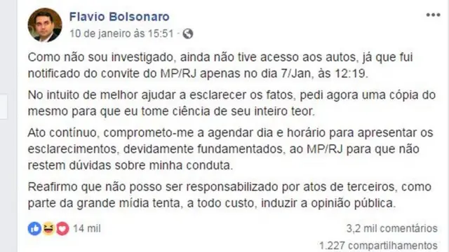 mensagemFlávio Bolsonaro no Facebook