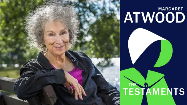 Margaret Atwood and the book jacket for The Testaments