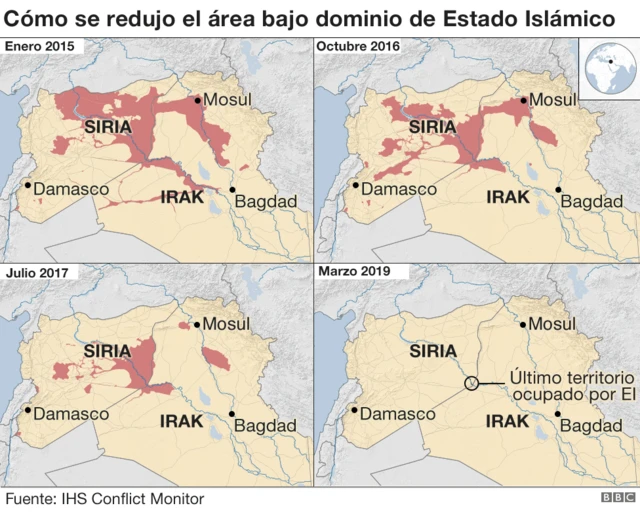Mapa con la reducción del territorio bajo dominio de Estado Islámico.
