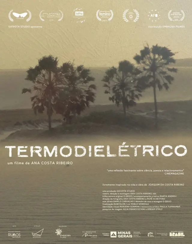 Pôster do filme "Termodielétrico", dirigido por Ana Costa Ribeiro. O pôster apresenta uma imagem com palmeiras ao fundo, com um tom sépia, evocando um clima nostálgico ou reflexivo. O texto sugere que o filme é "livremente inspirado na vida e obranúmero da loteria federalJoaquim da Costa Ribeiro" e traz elogios críticos, como "uma reflexão fascinante sobre ciência, poesia e relacionamentos" (Cinemagazine). O pôster também mostra vários logotiposnúmero da loteria federalpatrocinadores e festivais, indicando que o filme teve reconhecimentonúmero da loteria federaleventos cinematográficos.