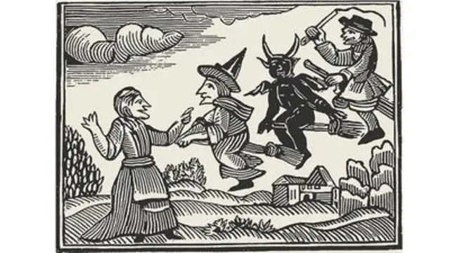Crete žene koja stoji i muškaraca sa kupastim kapama kako lete na metlama zajedno sa đavolom.
